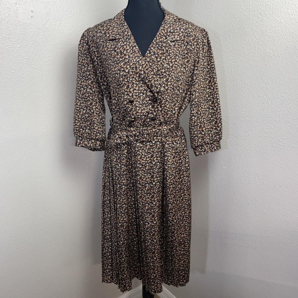 Vtg Breli Original Dress‎ Women's 12 Brown Floral Belted CottageCore Prairie